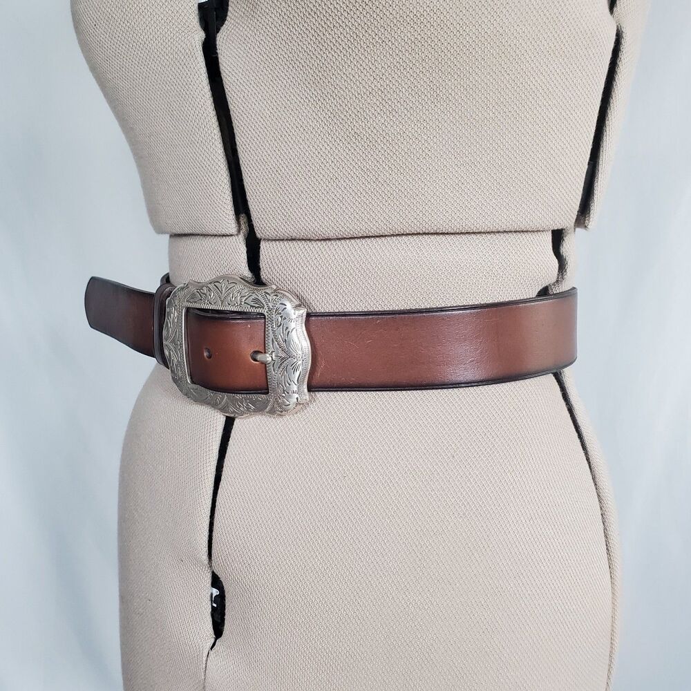 VTG Lauren Ralph Lauren Women’s Brown Leather Belt Large Western Floral Engraved - Picture 3 of 11